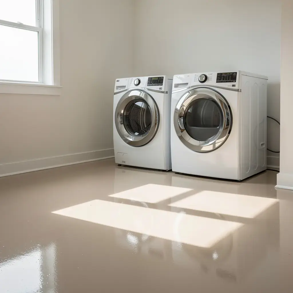 a glossy epoxy laundry-room floor